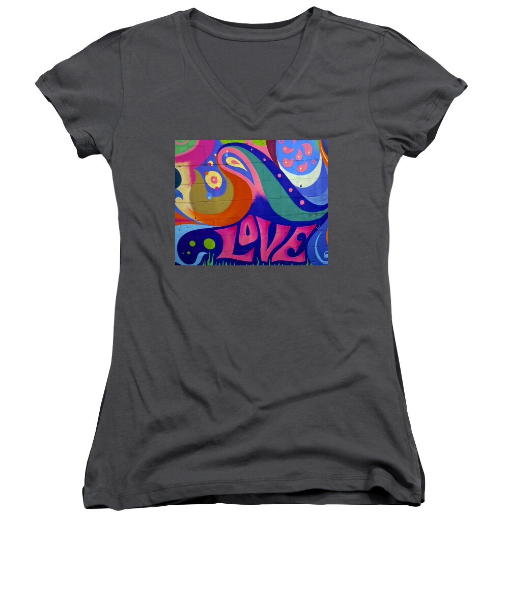 Love Women's V-Neck featuring the painting Pink Love Graffiti NYC 2014 by Joan Reese