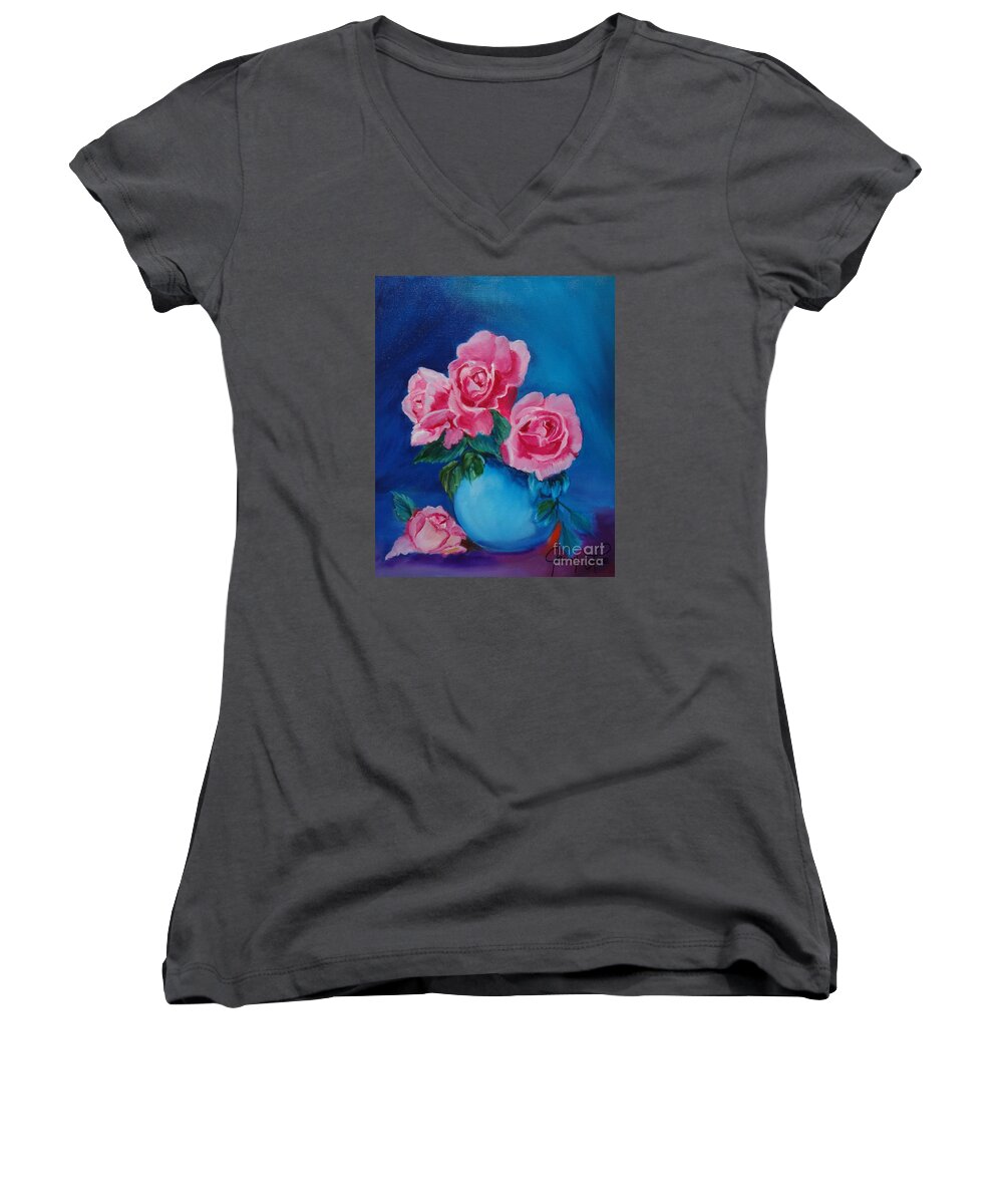 Pink Roses Women's V-Neck featuring the painting Pink Roses by Jenny Lee