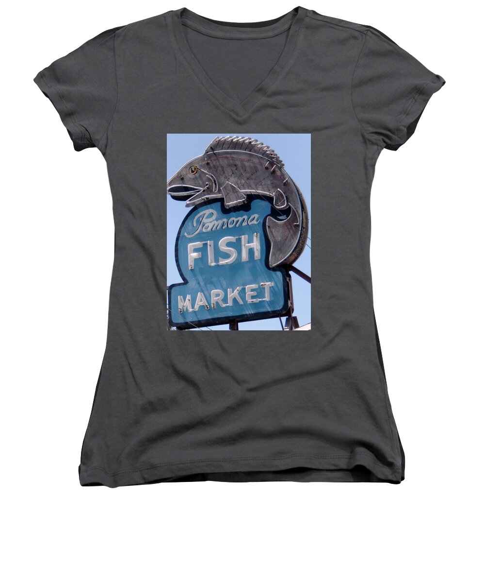 Neon Fish Sign Women's V-Neck featuring the photograph Pomona Fish Market Sign by Gerry High