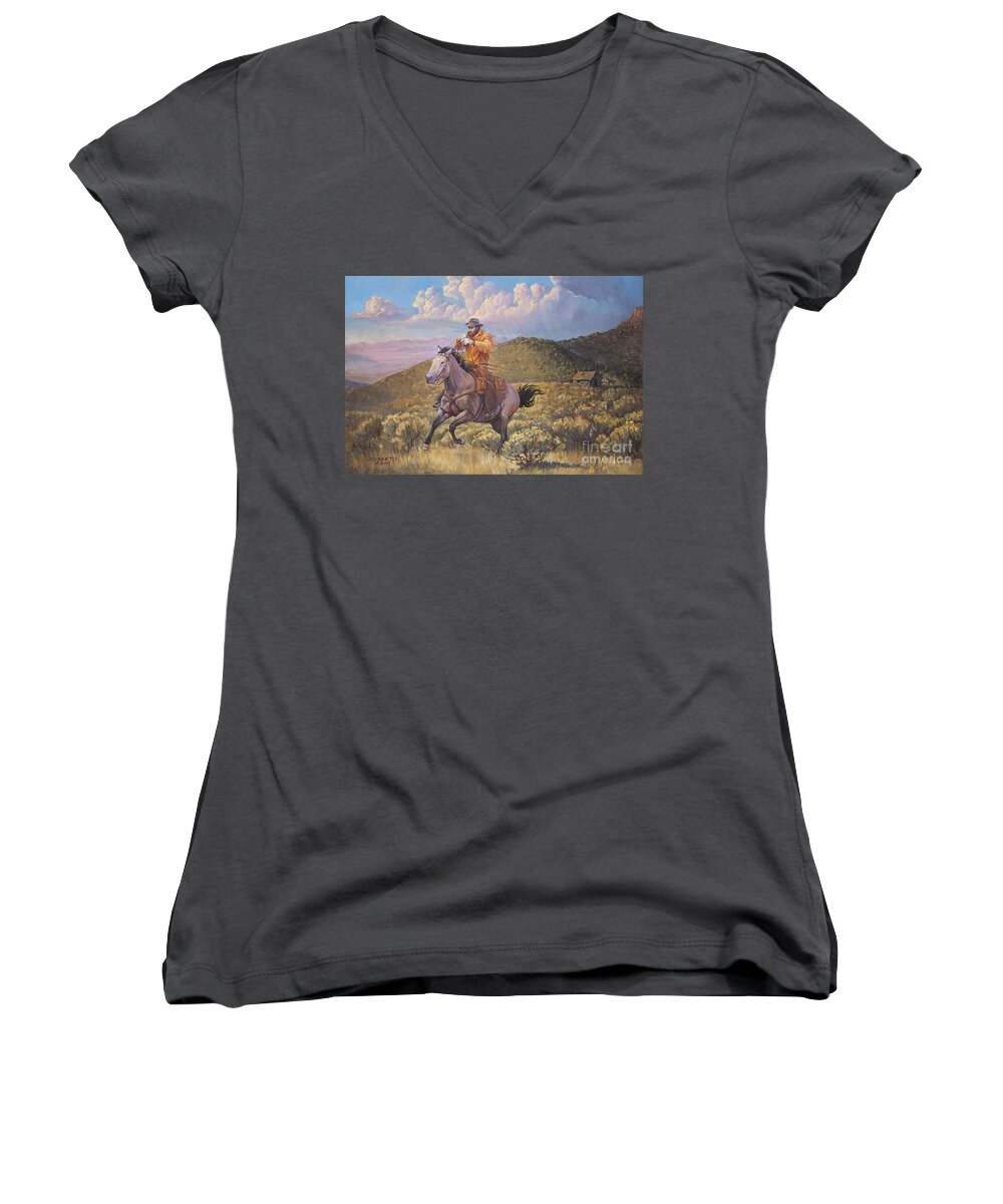 Wall Art Women's V-Neck featuring the painting Pony Express Rider at Look Out Pass by Robert Corsetti