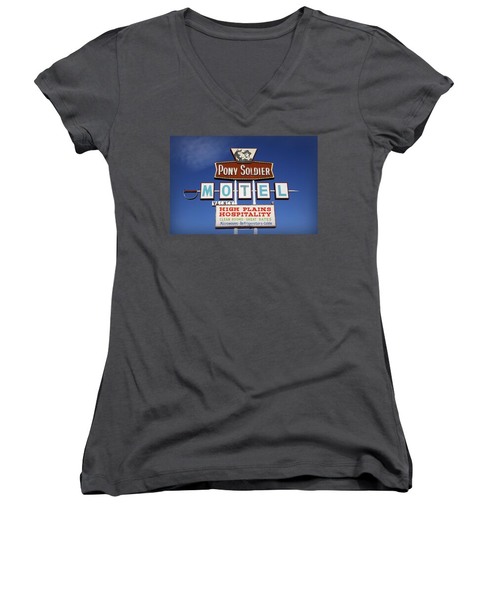 Pony Soldier Motel Women's V-Neck featuring the photograph Pony Soldier Motel by Lynn Sprowl