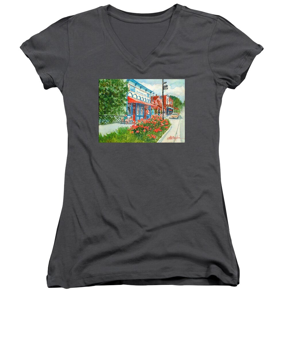 Chagrin Falls Women's V-Neck featuring the painting Popcorn Shop in Summer/Chagrin Falls by Maryann Boysen