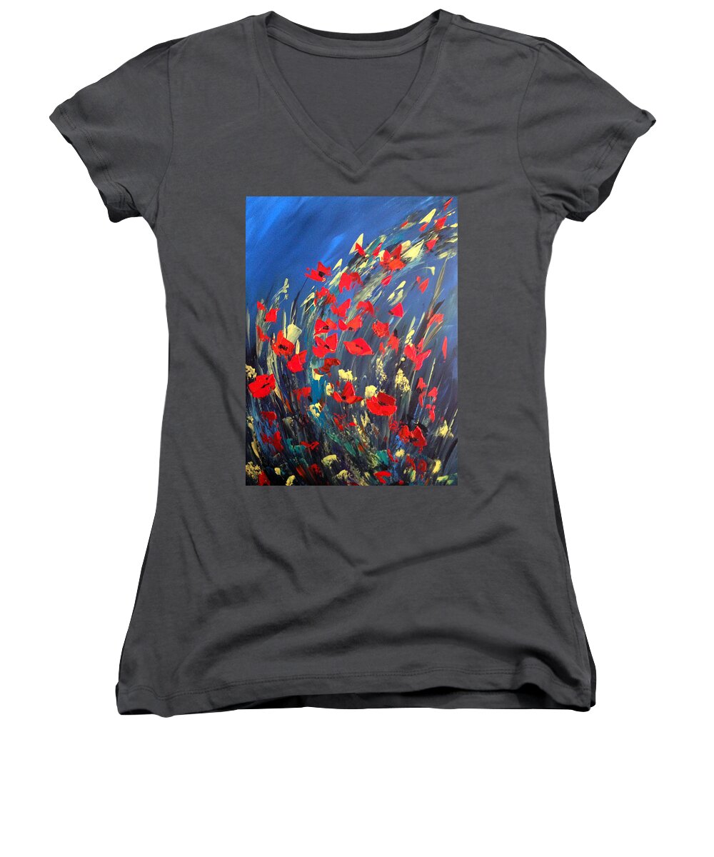 Poppies Women's V-Neck featuring the painting Poppies Field on A Windy Day by Dorothy Maier