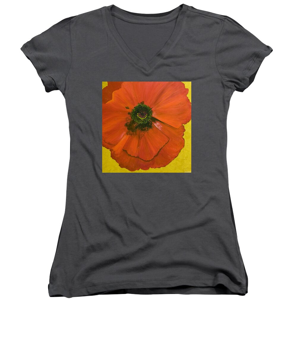 Poppy Flower Red Gold Vivid Nature Flowers Poppies Women's V-Neck featuring the painting Poppy by Brenda Salamone