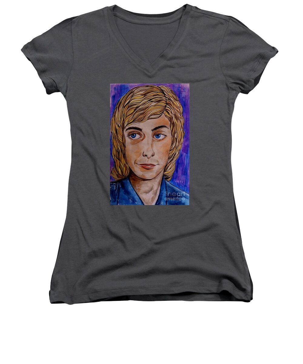 Barry Manilow Women's V-Neck featuring the painting Portrait Of Barry 2 by Joan-Violet Stretch