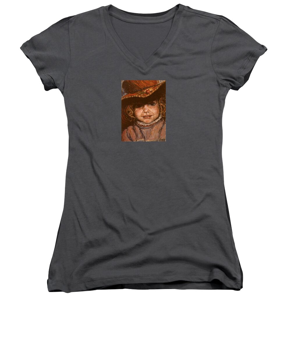  Women's V-Neck featuring the painting Portrait of Leticia by Walter Casaravilla