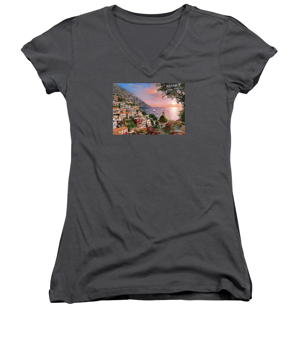 Positano Women's V-Neck featuring the digital art Positano by MGL Meiklejohn Graphics Licensing