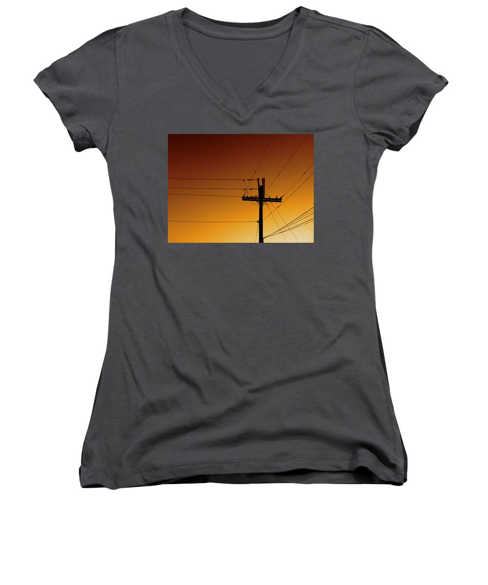 Power Lines Women's V-Neck featuring the photograph Power Line Sunset by Don Spenner