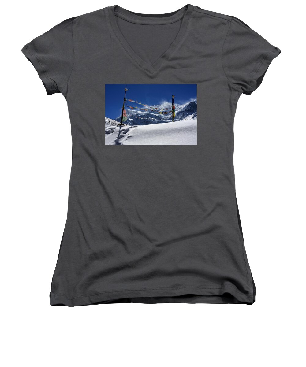 Himalayas Women's V-Neck featuring the photograph Prayer Flags At The Pass by Aidan Moran