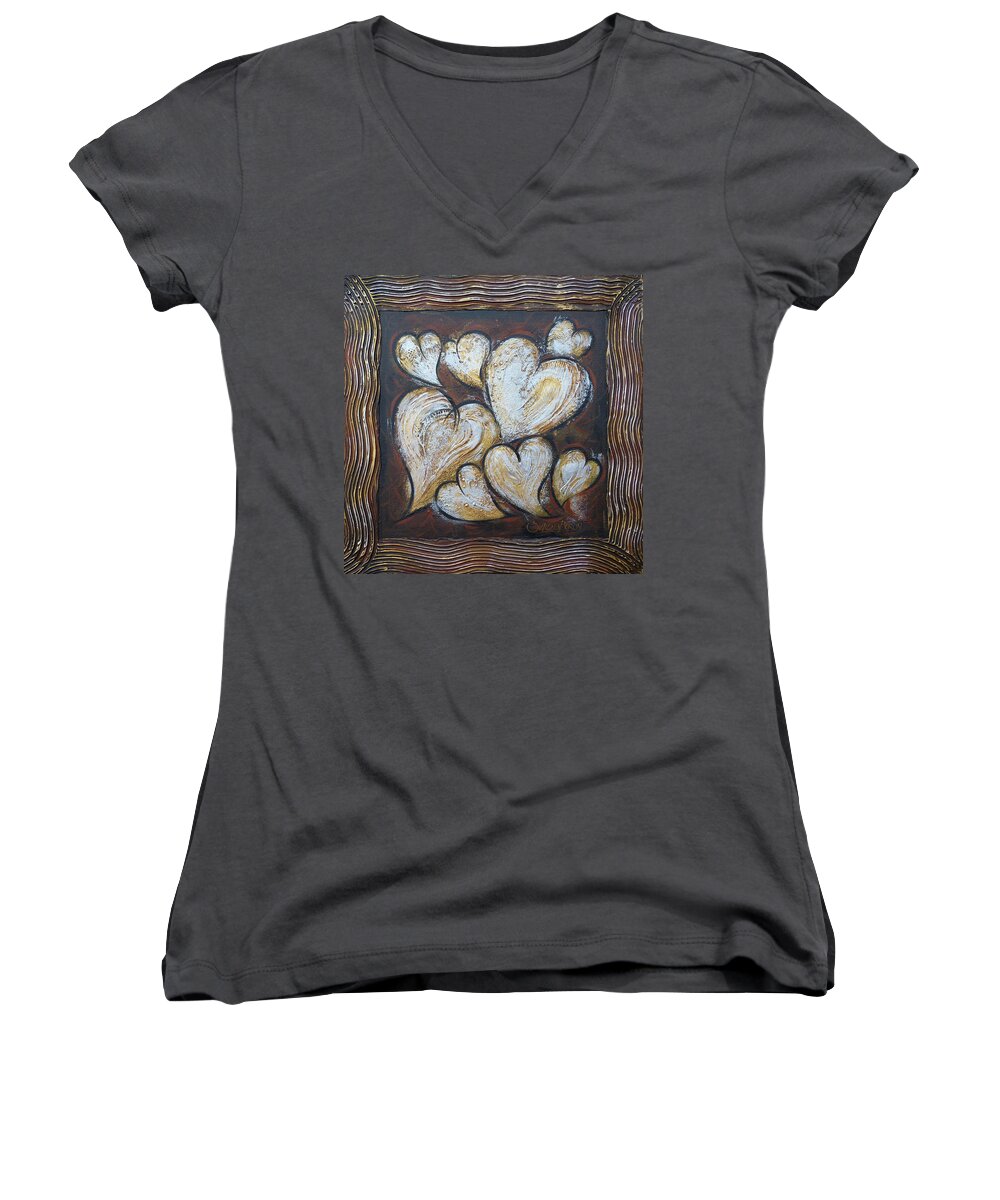 Heart Women's V-Neck featuring the painting Precious Hearts 301110 by Selena Boron