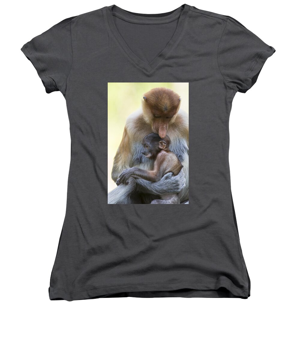 Suzi Eszterhas Women's V-Neck featuring the photograph Proboscis Monkey Mother Holding Baby by Suzi Eszterhas