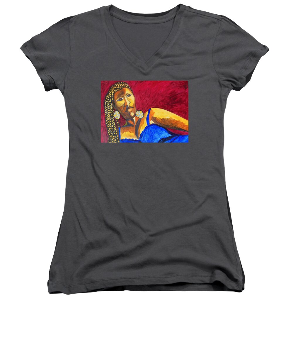 Proud Sheruba Ethiopian Braids Women's V-Neck featuring the painting Proud Sheruba Ethiopian Braids by Esther Newman-Cohen