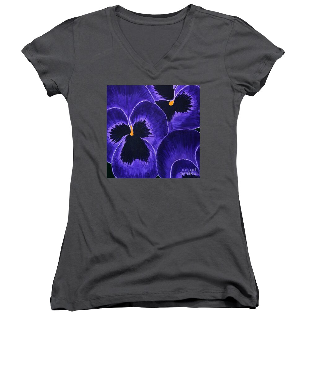Purple Pansies Square Women's V-Neck featuring the painting Purple Pansies Square by Barbara A Griffin