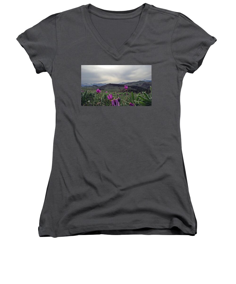 Flowers Women's V-Neck featuring the digital art Purple Spring in the Big Horns by Cathy Anderson