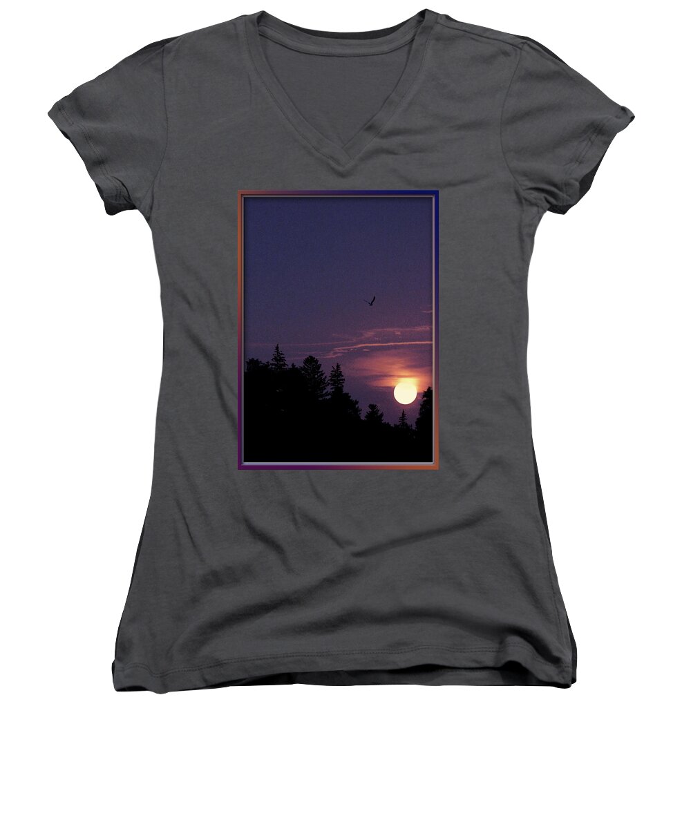 Purple Sunset With Forest Silhouette Women's V-Neck featuring the photograph Purple Sunset With Sea Gull by Peter V Quenter