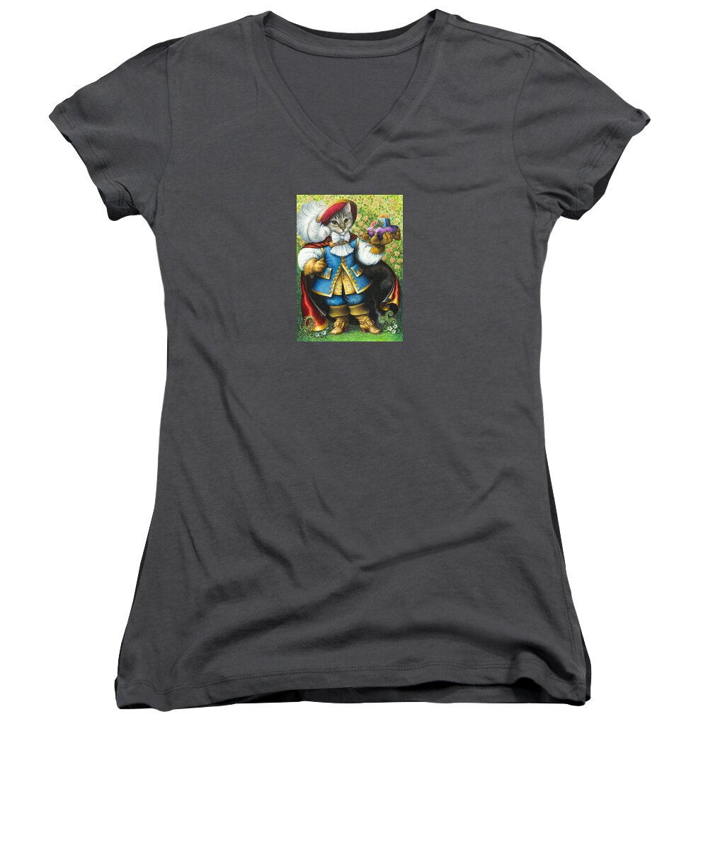 Cat Women's V-Neck featuring the painting Puss-In-Boots by Lynn Bywaters