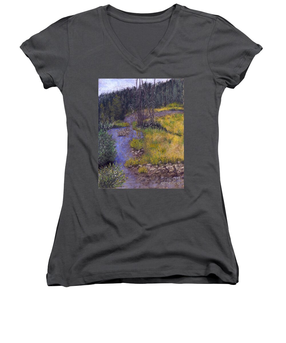 Creek Women's V-Neck featuring the painting Quiet Creek by Ginny Neece