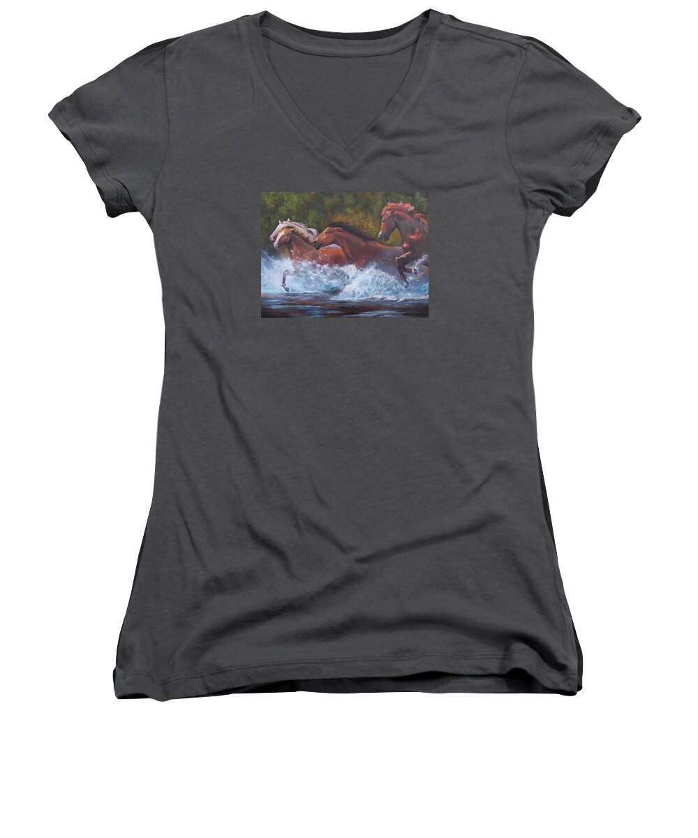 Wild Horse Art Women's V-Neck featuring the painting Race For Freedom by Karen Kennedy Chatham