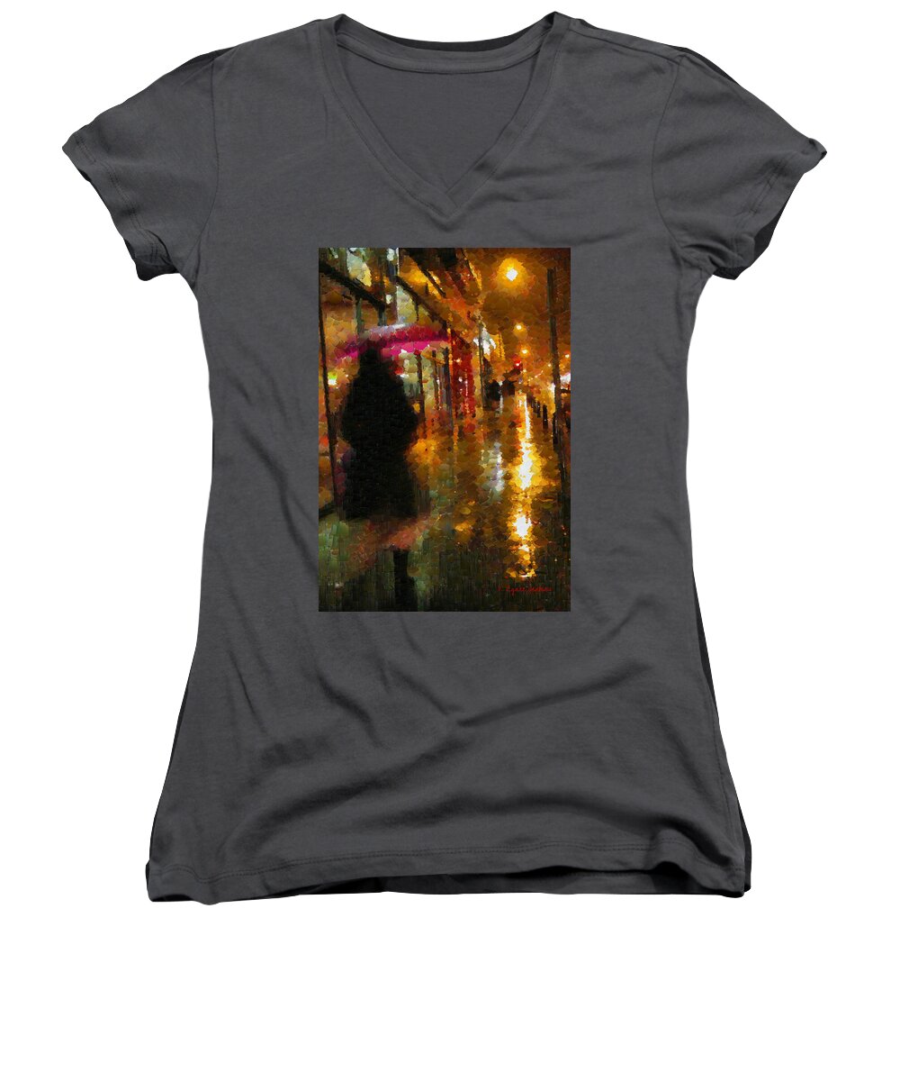 Umbrella Women's V-Neck featuring the painting Rainy Night Stroll by Lynne Jenkins