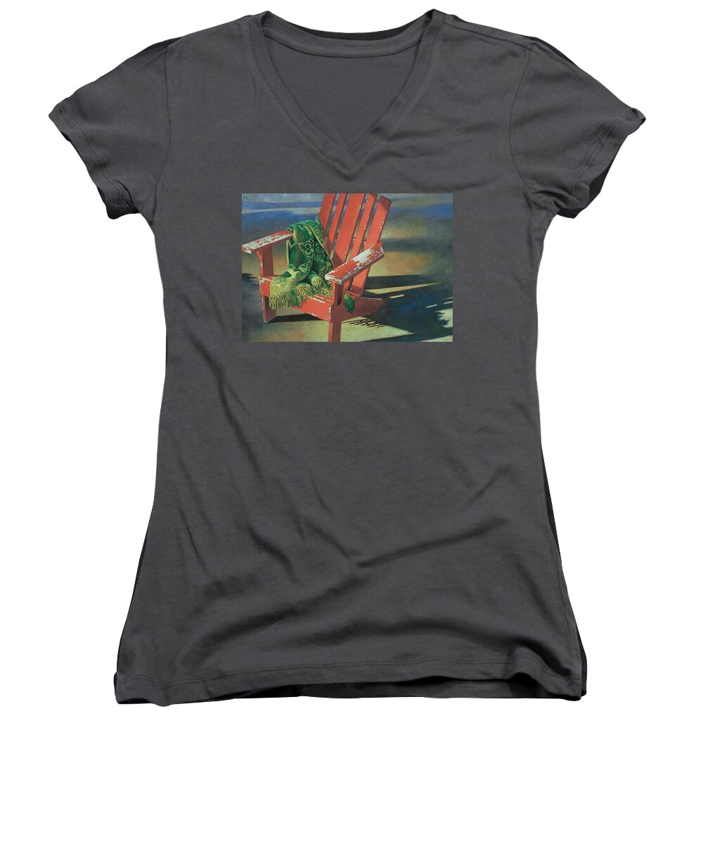 Red Women's V-Neck featuring the painting Red Adirondack Chair by Mia Tavonatti
