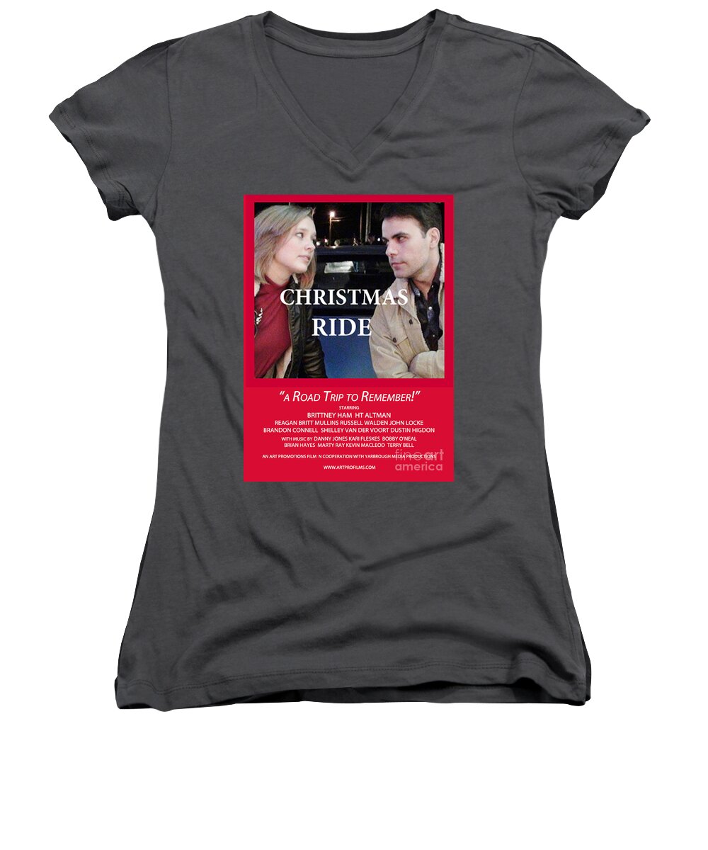 Movie Posters Women's V-Neck featuring the digital art Red Christmas Ride Poster by Karen Francis