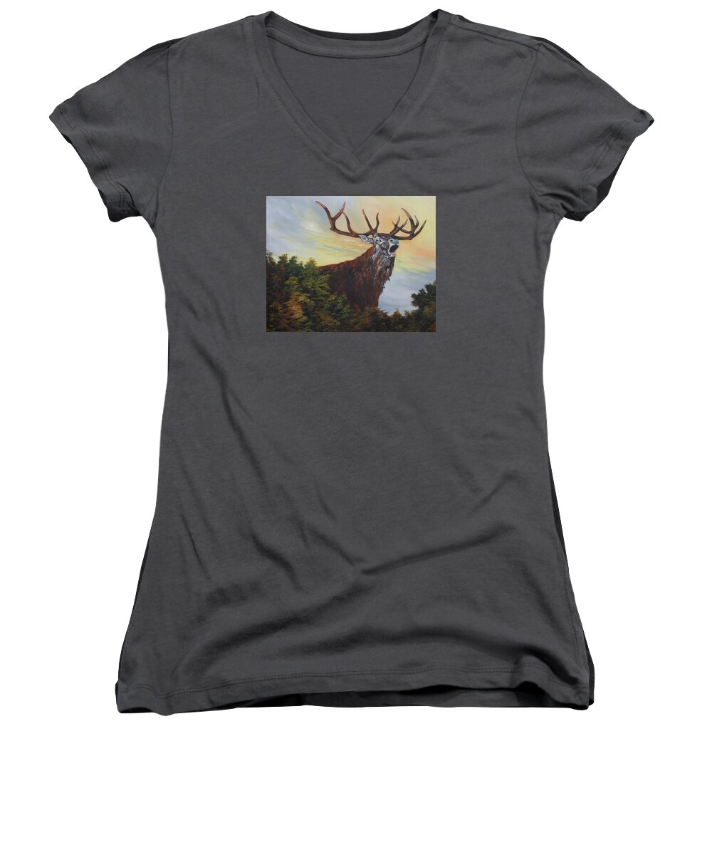 Red Stag Women's V-Neck featuring the painting Red Deer - Stag by Jean Walker