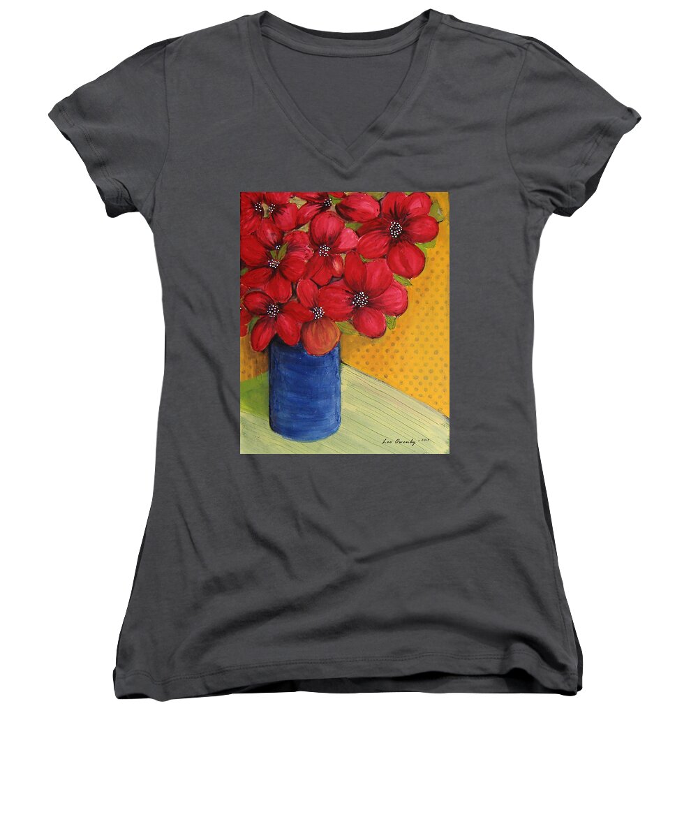 Red Flowers Women's V-Neck featuring the painting Red Flowers In A Blue Vase by Lee Owenby