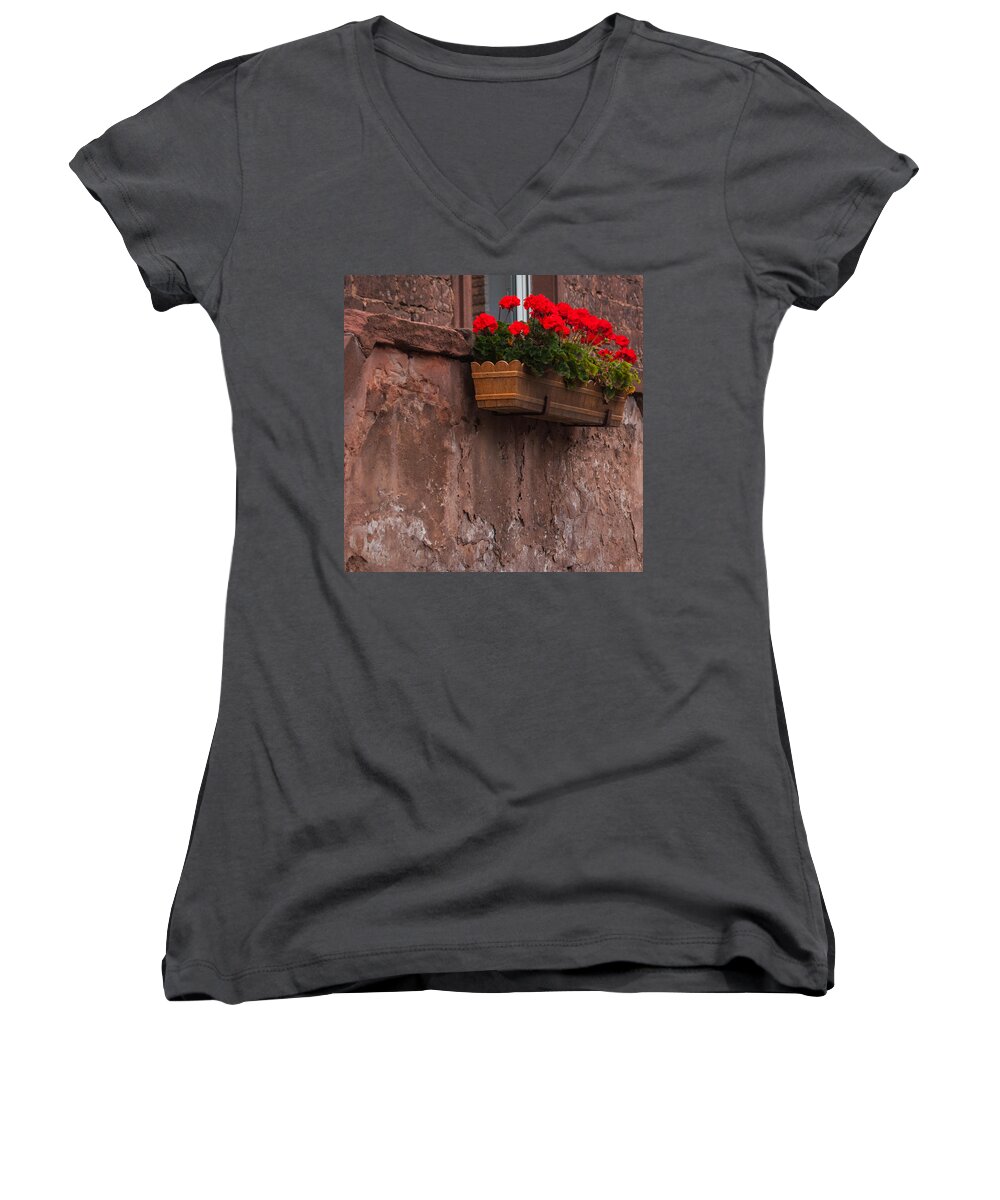 Germany Women's V-Neck featuring the photograph Red Geranium Windowbox by Debbie Karnes