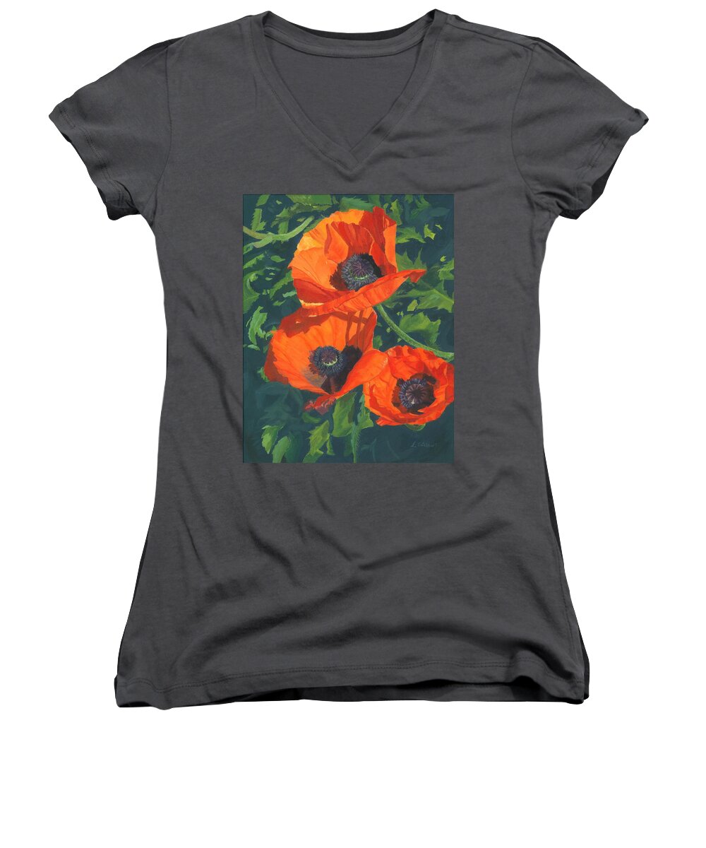 Poppies Women's V-Neck featuring the painting Red Poppies Three by Lynne Reichhart