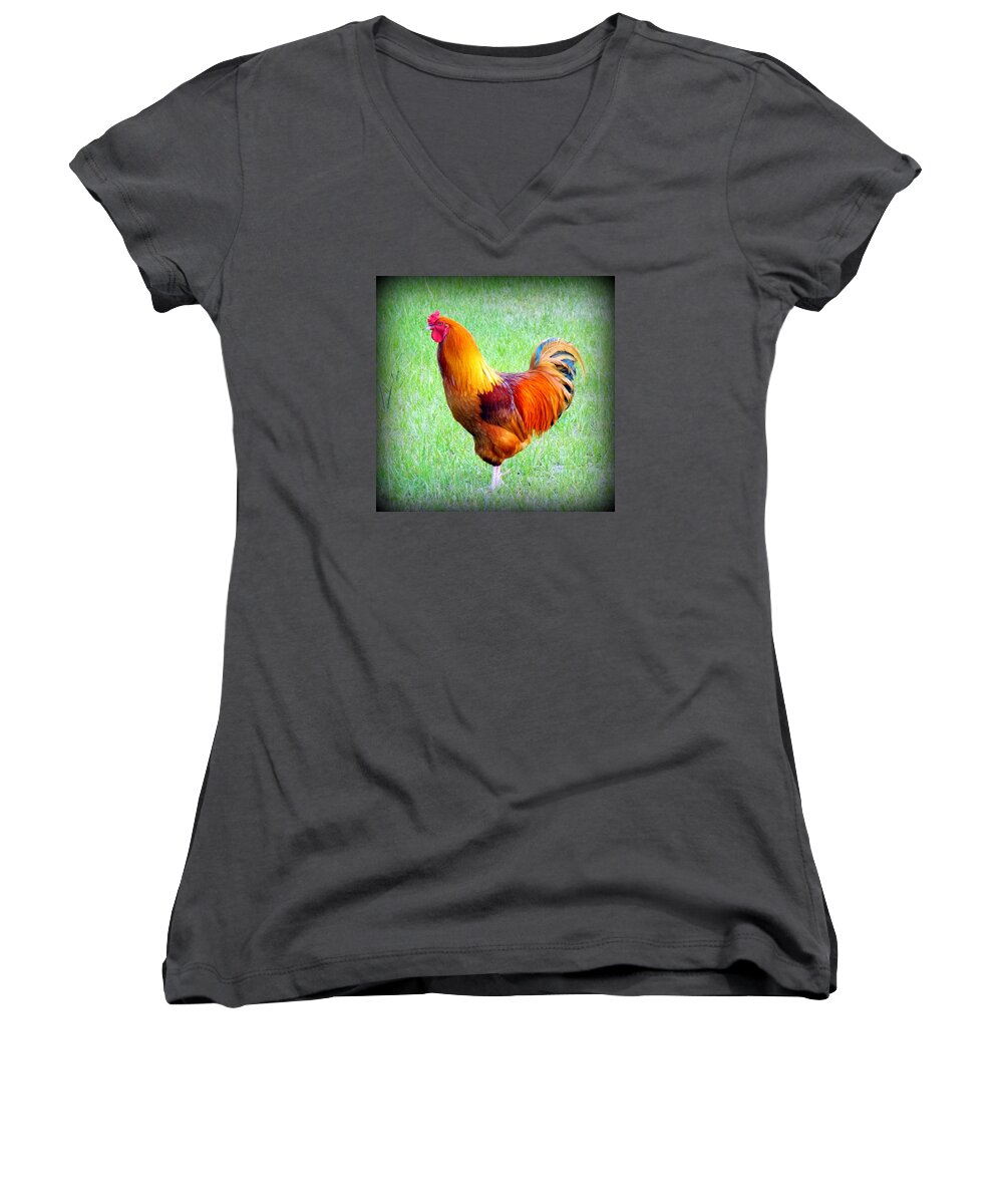 Red Rooster Women's V-Neck featuring the photograph Red Rooster by Sheri McLeroy