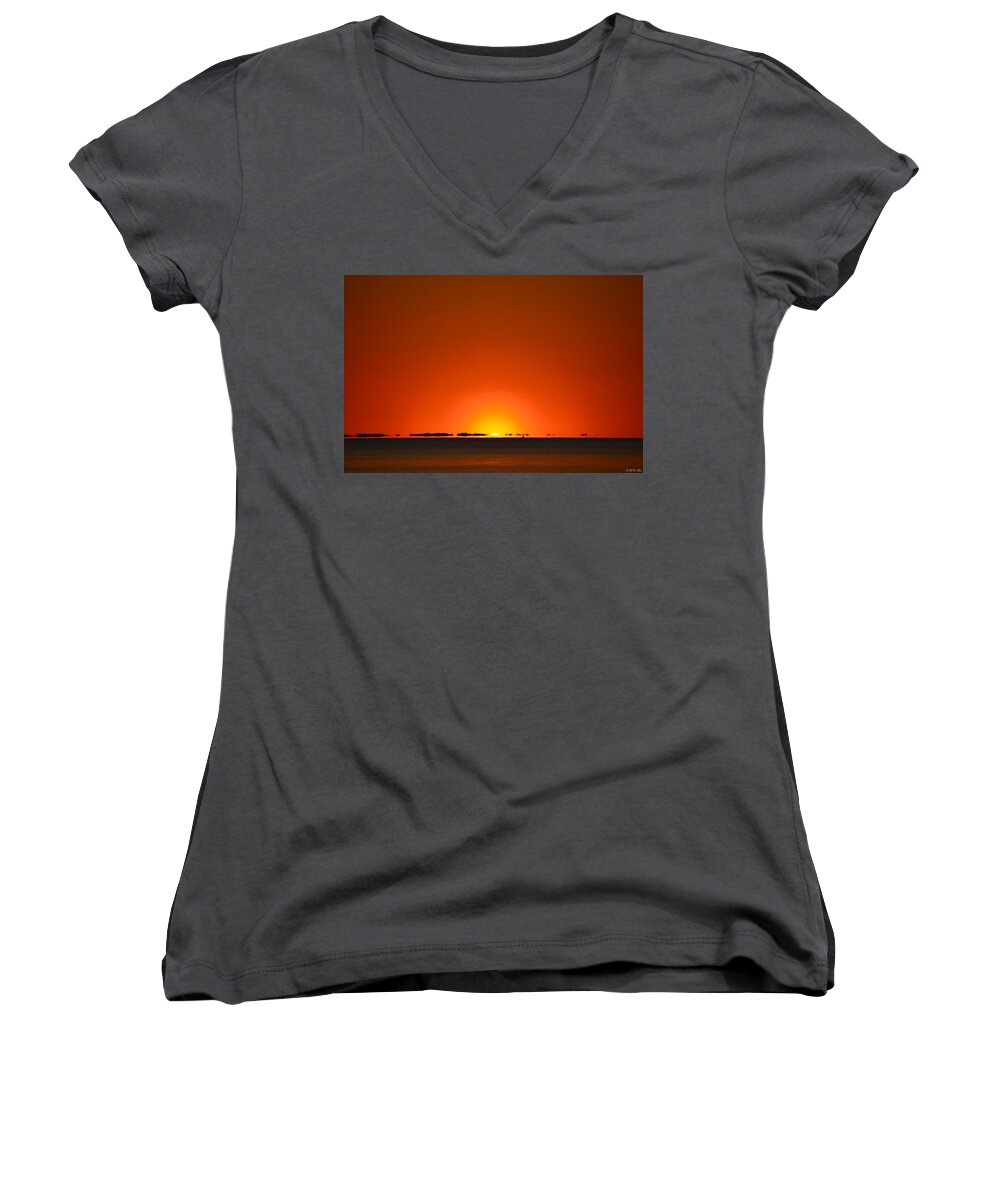 Navarre Women's V-Neck featuring the photograph Red Sunset with Superior Mirage on Santa Rosa Sound by Jeff at JSJ Photography