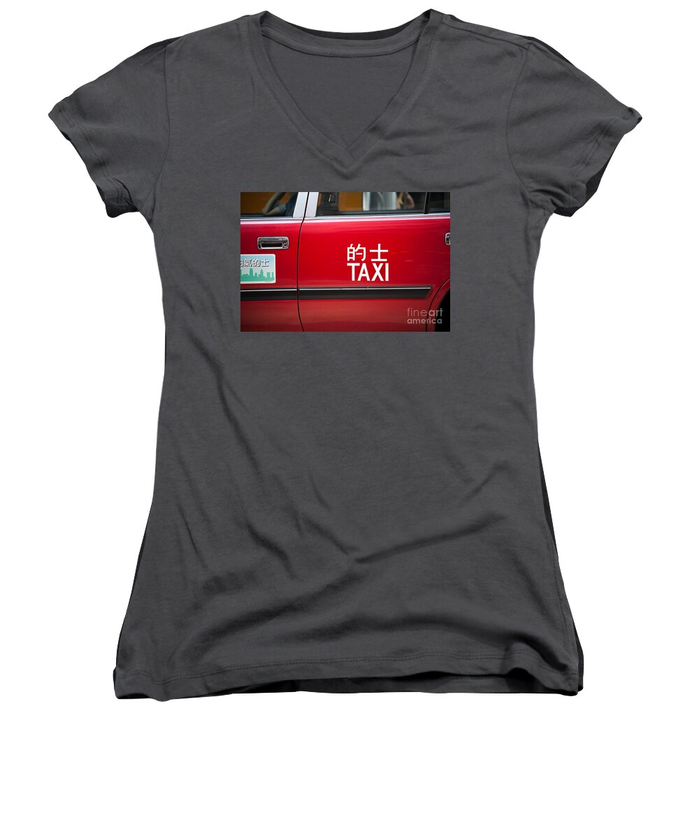 Taxi Women's V-Neck featuring the photograph Red taxi - Hong Kong by Matteo Colombo