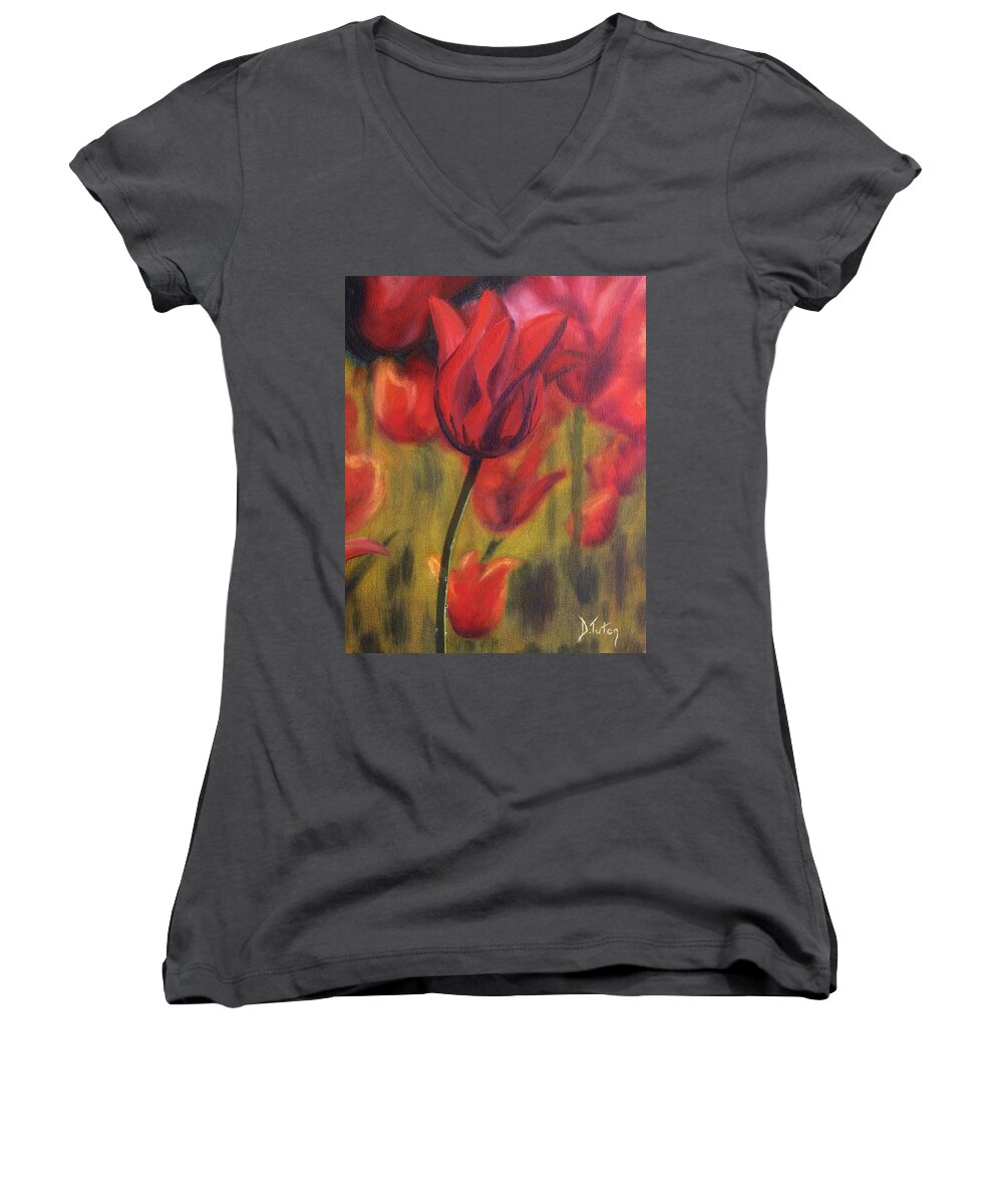 Tulip Women's V-Neck featuring the painting Red Tulips by Donna Tuten