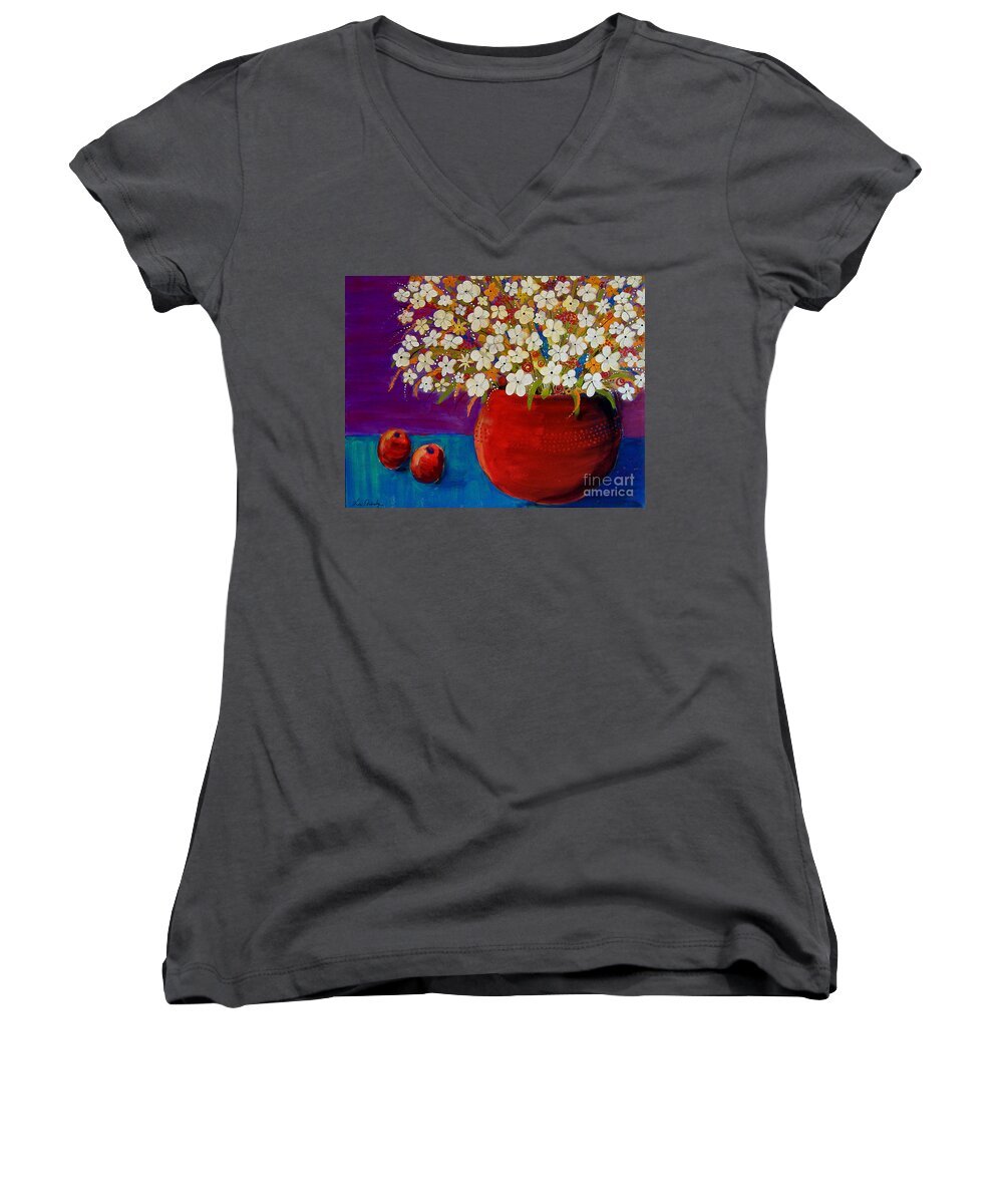 Red Vase Women's V-Neck featuring the painting Red Vase With Flowers by Lee Owenby