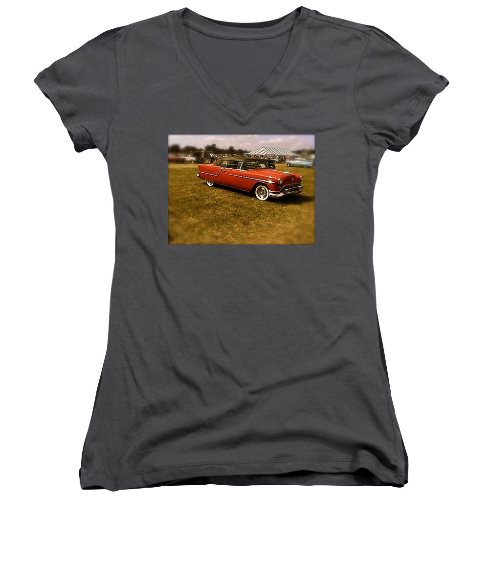 Cars Trucks Old Women's V-Neck featuring the photograph Red With Black Soft Top by Chris W Photography AKA Christian Wilson