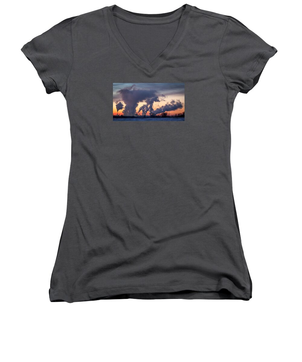 Steam Women's V-Neck featuring the photograph Flint Hills Resources Pine Bend Refinery by Patti Deters