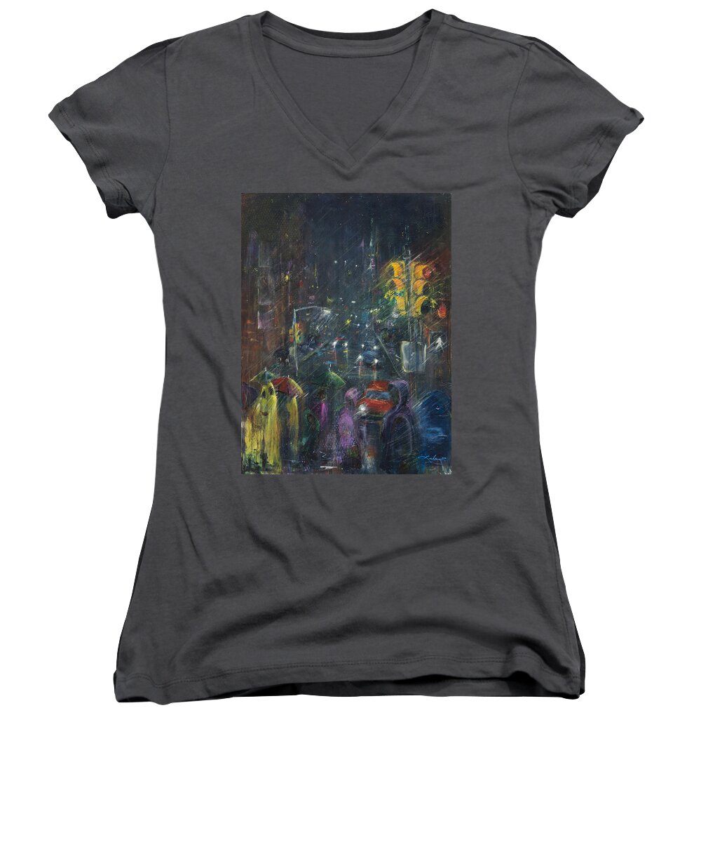 City Women's V-Neck featuring the painting Reflections of a Rainy Night by Leela Payne