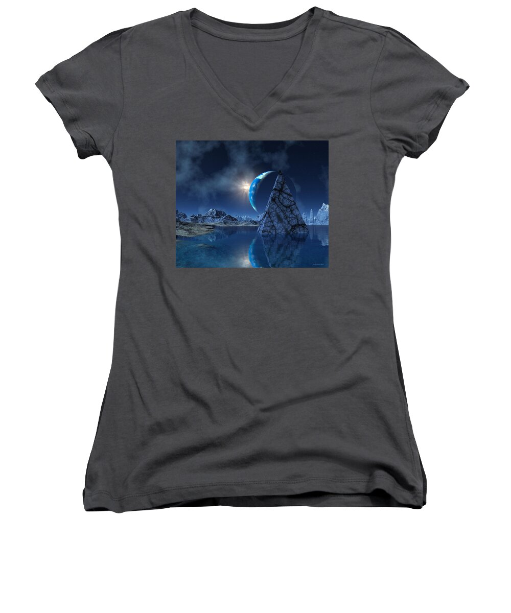 Surreal Women's V-Neck featuring the digital art Reflections on an Empty Planet by Judi Suni Hall