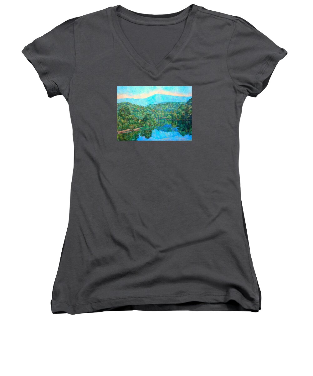 Mountainscape Women's V-Neck featuring the painting Reflections on the James River by Kendall Kessler