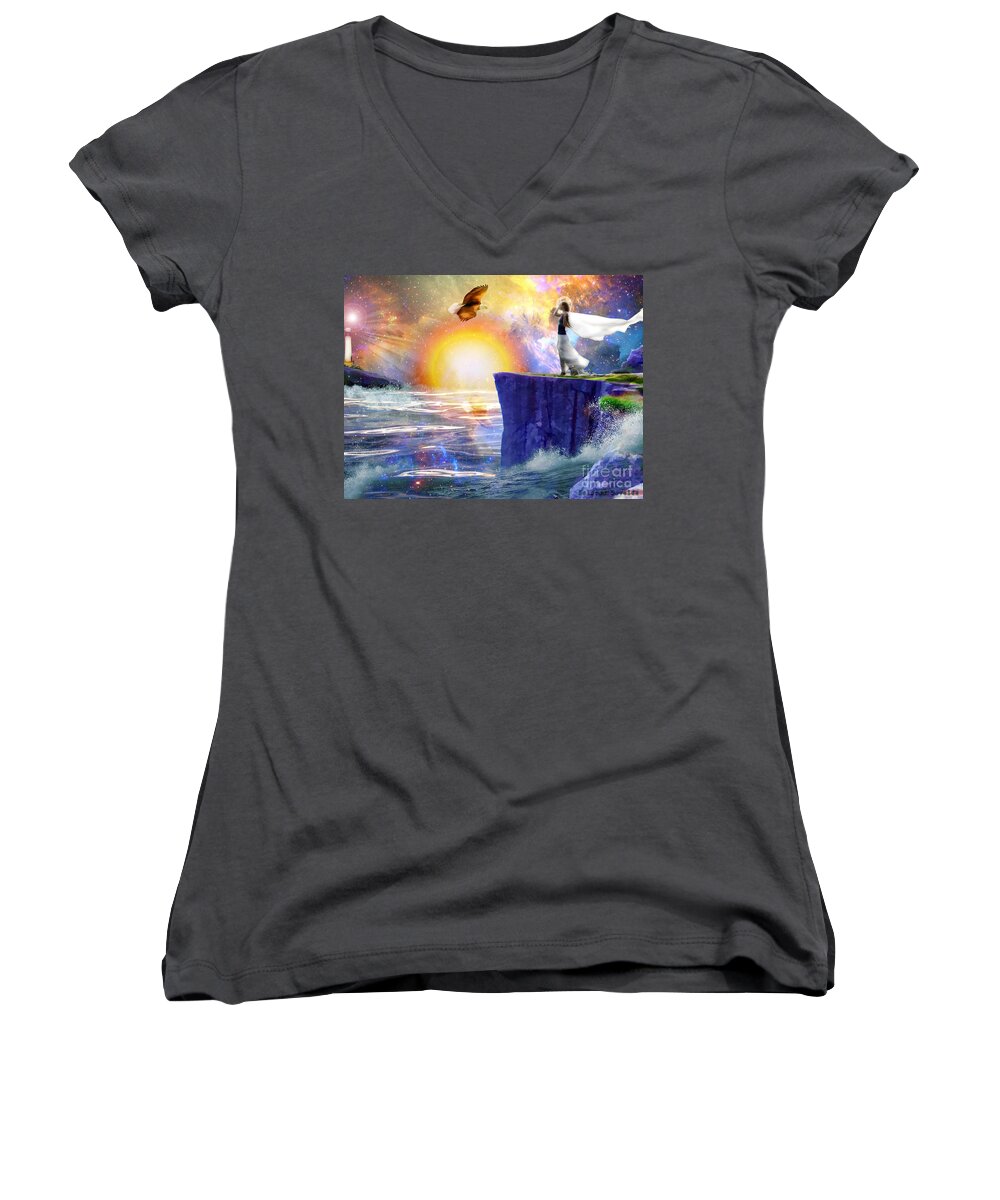 Eagle Cliff Sun Rise Women's V-Neck featuring the digital art Renewed by Dolores Develde