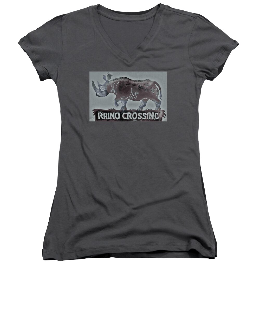Rhino Women's V-Neck featuring the photograph Rhino XIV by Larry Campbell