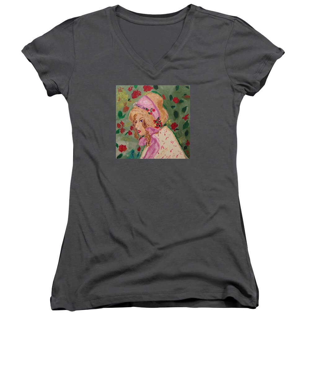 Original Women's V-Neck featuring the painting Ribbons and Roses by Mary Carol Williams