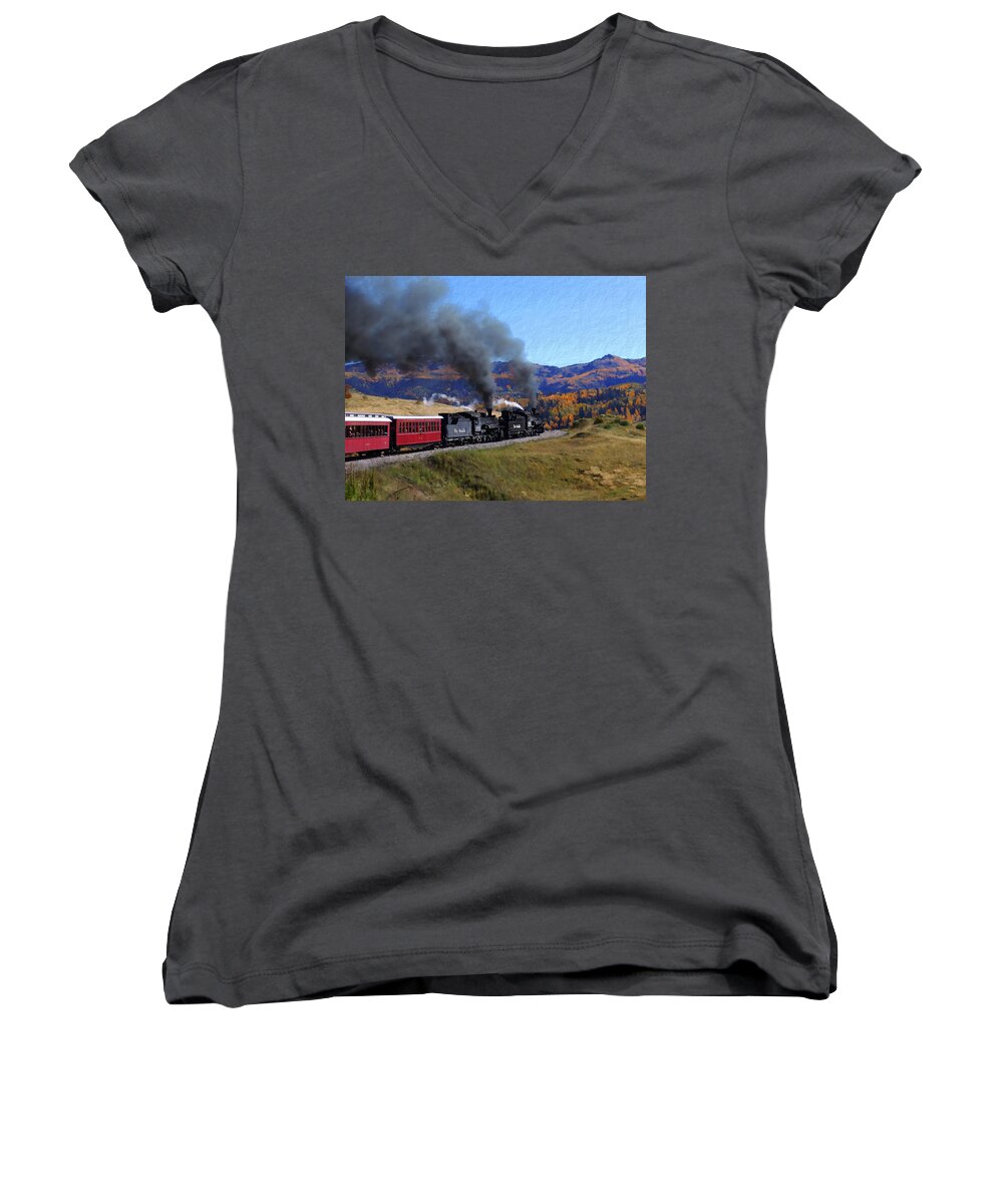 Railroad Women's V-Neck featuring the photograph Rio Grande 488 and 489 by Kurt Van Wagner