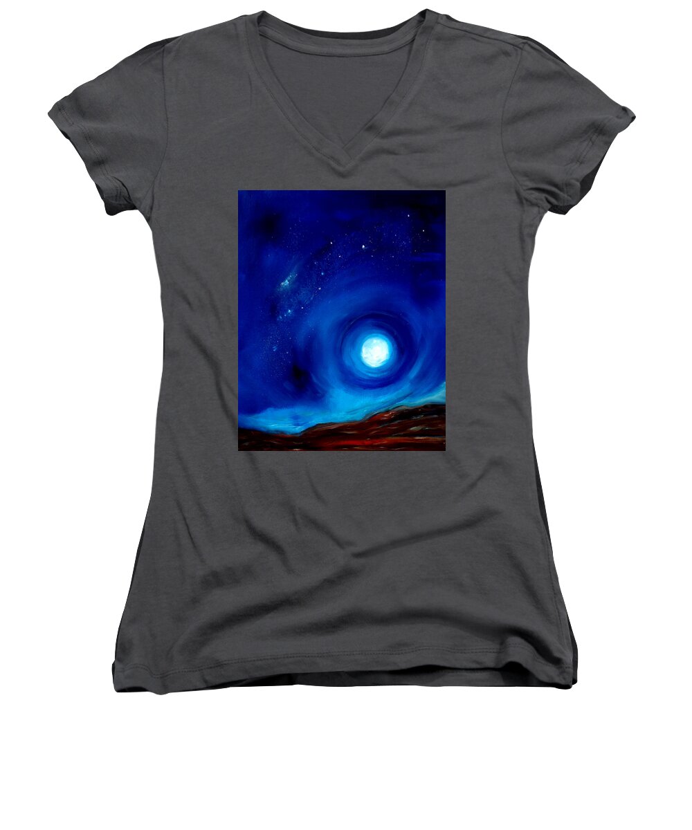 Desert Women's V-Neck featuring the painting Rising Desert Moon by Katy Hawk