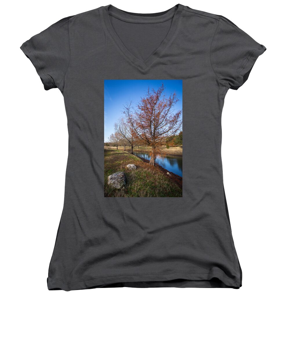 Austin Women's V-Neck featuring the photograph River and Winter Trees by John Wadleigh