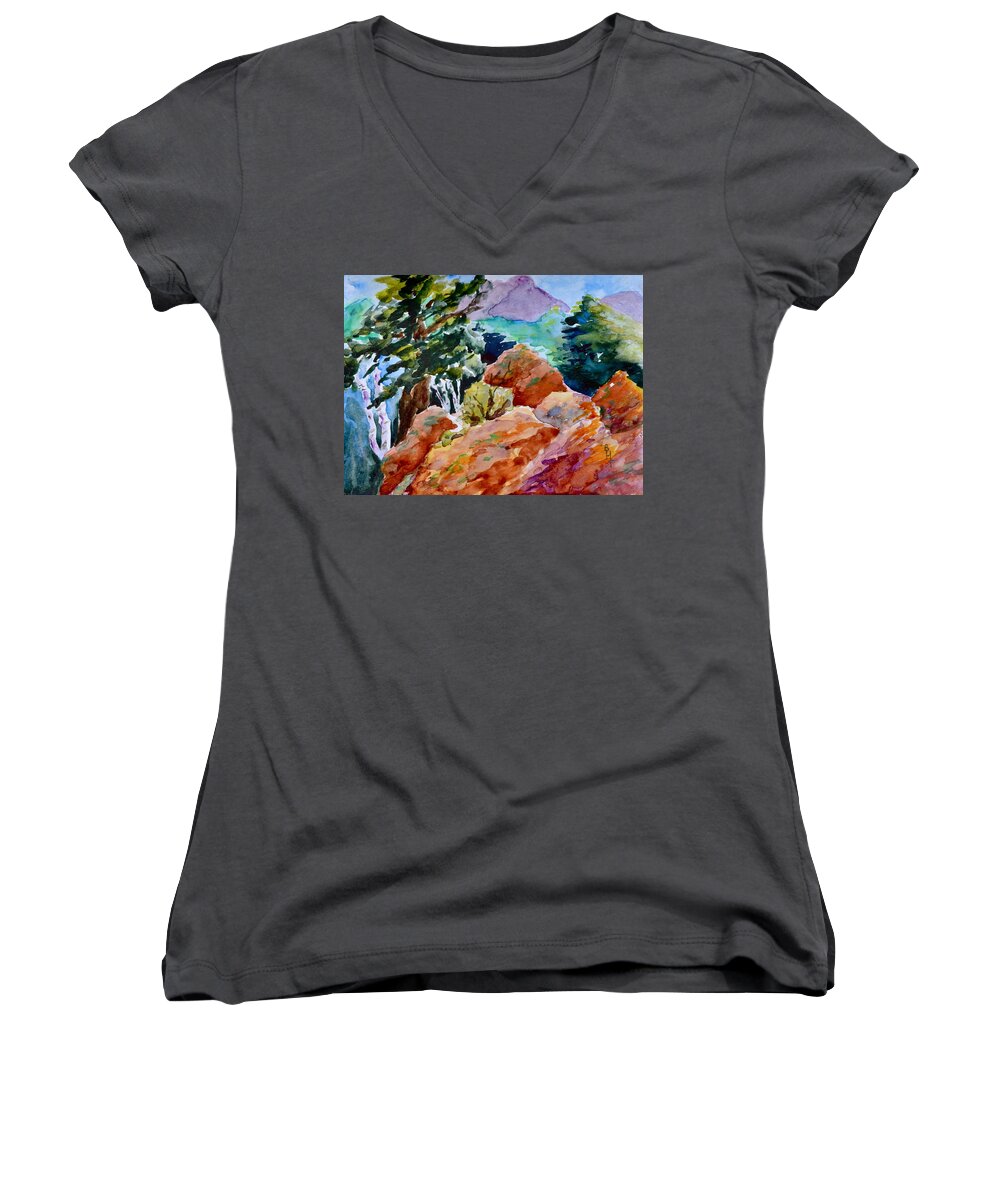 Landscape Women's V-Neck featuring the painting Rocks Near Red Feather by Beverley Harper Tinsley