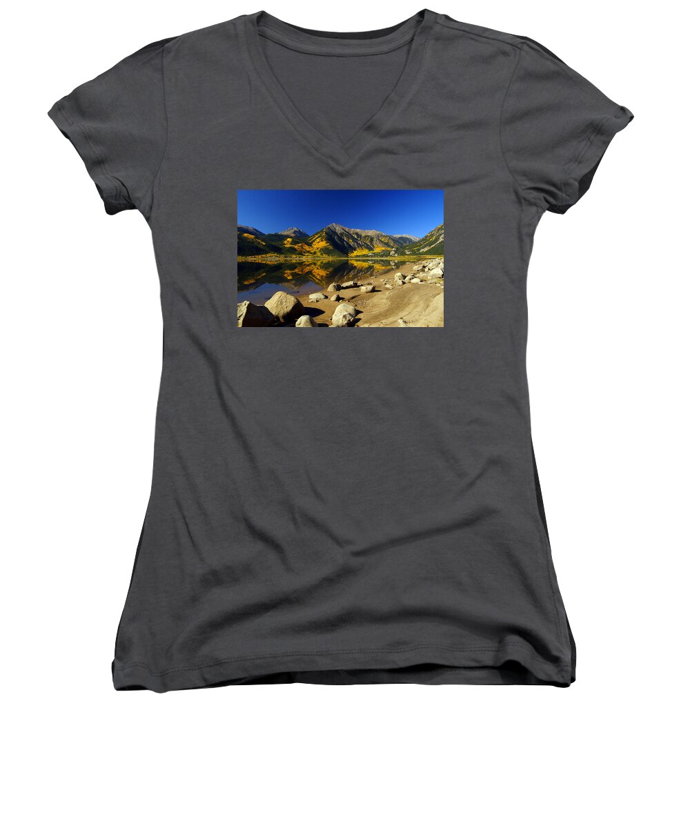 13'ers Women's V-Neck featuring the photograph Rocky Mountain Beach by Jeremy Rhoades
