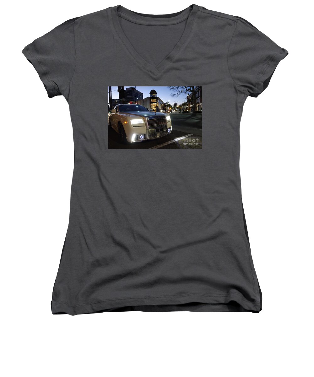 Rodeo Drive Women's V-Neck featuring the photograph Rolls Royce parked at the bottom of Rodeo Drive by Nina Prommer