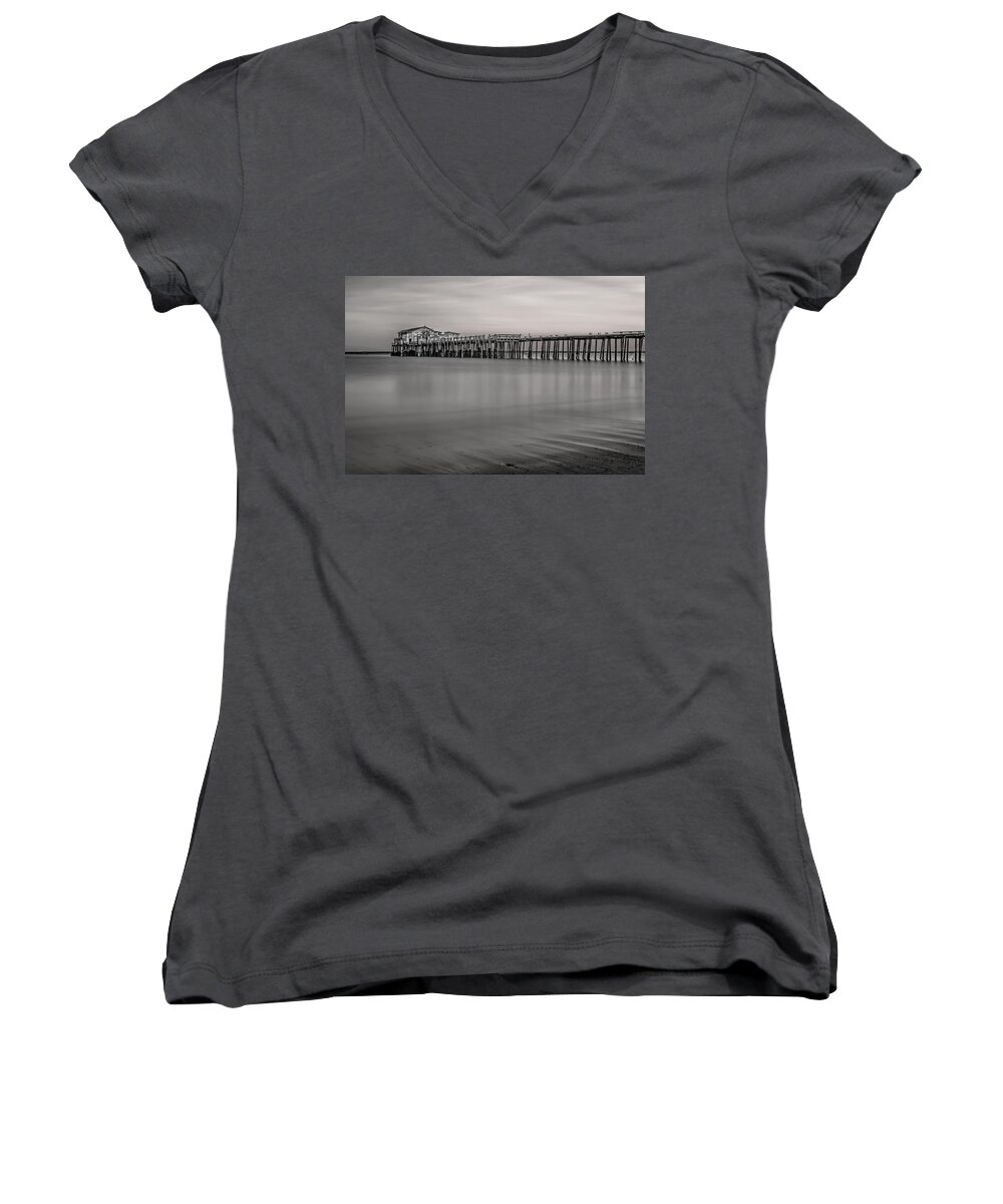 Pier Women's V-Neck featuring the photograph Romeo's Pier BW by Linda Villers