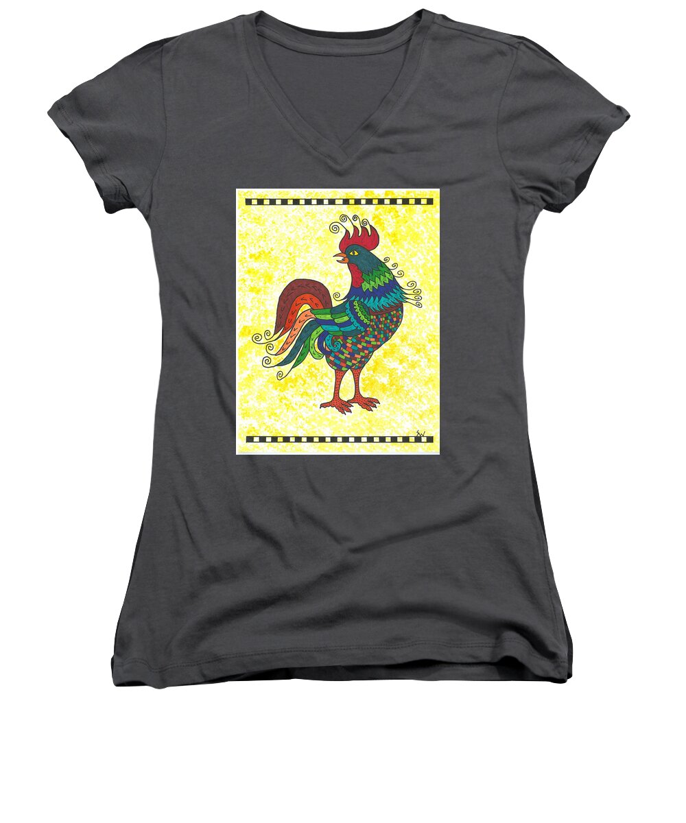 Chicken Women's V-Neck featuring the painting Rooster Strutting his Stuff by Susie Weber